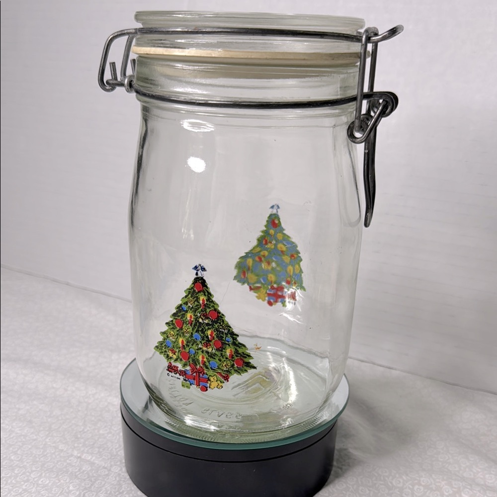 CARLTON GLASS USA CHRISTMAS TREE DECOR 1 L CANISTER JAR WIRE BAIL LID vintage